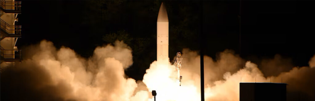 A Sandia Labs-built common hypersonic glide body launches from Pacific Missile Range Facility, Kauai, Hawaii, during a 2020 DOD flight experiment. In May 2024, an industry-manufactured version had a successful flight test. (U.S. Navy)